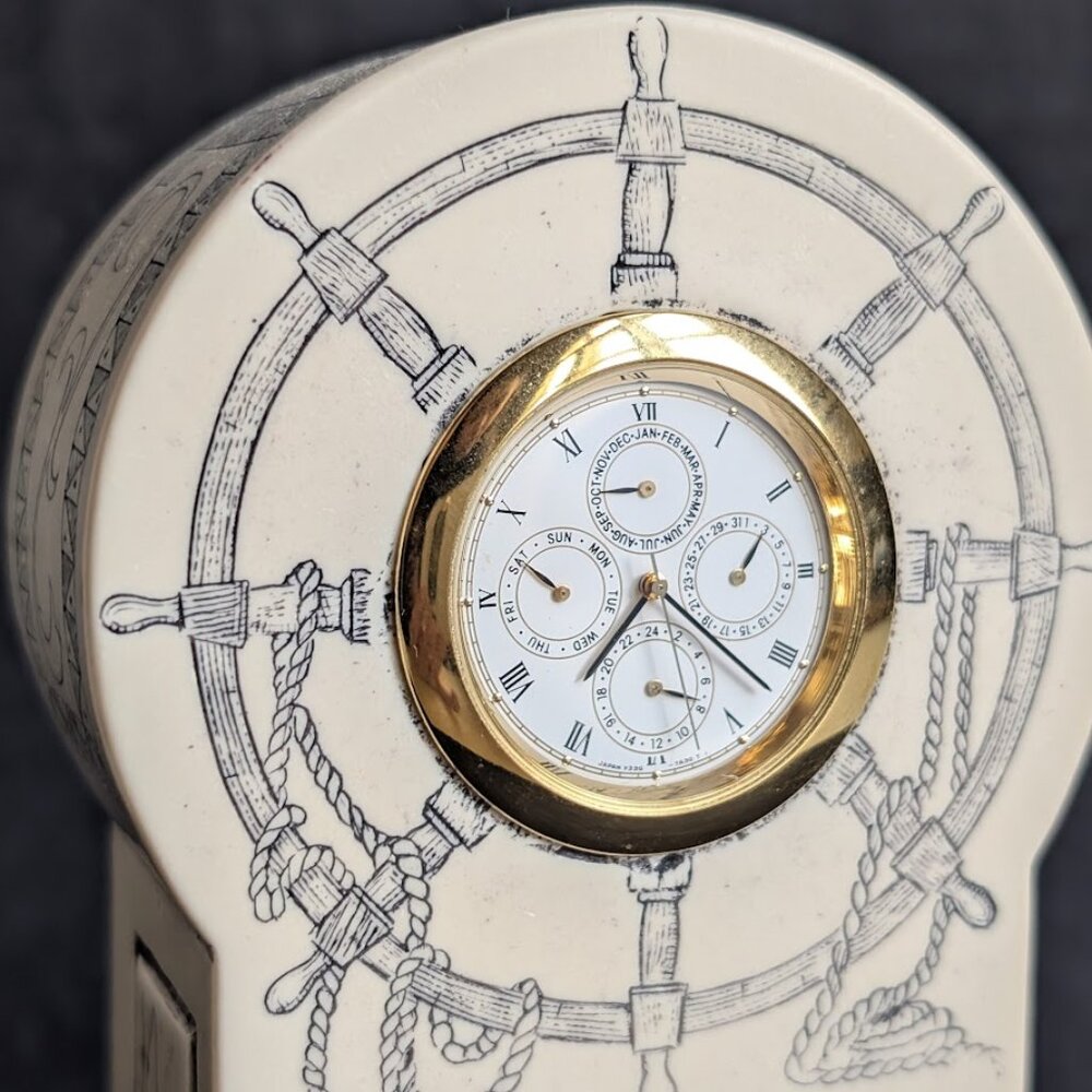 Vtg Scrimshaw Nautical Design Desk Clock Triple Calendar Japan